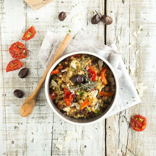 Recette Risotto de fregola sarda aux olives et tomates confites